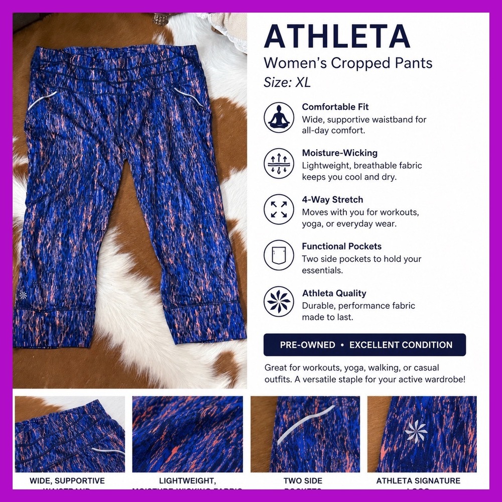 Athleta Womens XL Cropped Athletic Pants Blue Pink Print Zip Pocket Capris‎